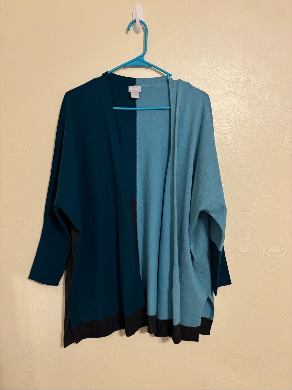 Chico’s Colorblock Open Front Cardigan Teal Blue Black S/M Soft Knit
